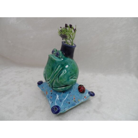 Frog Prince Ceramic Bud Vase Blue & Green - Picture 3 of 9
